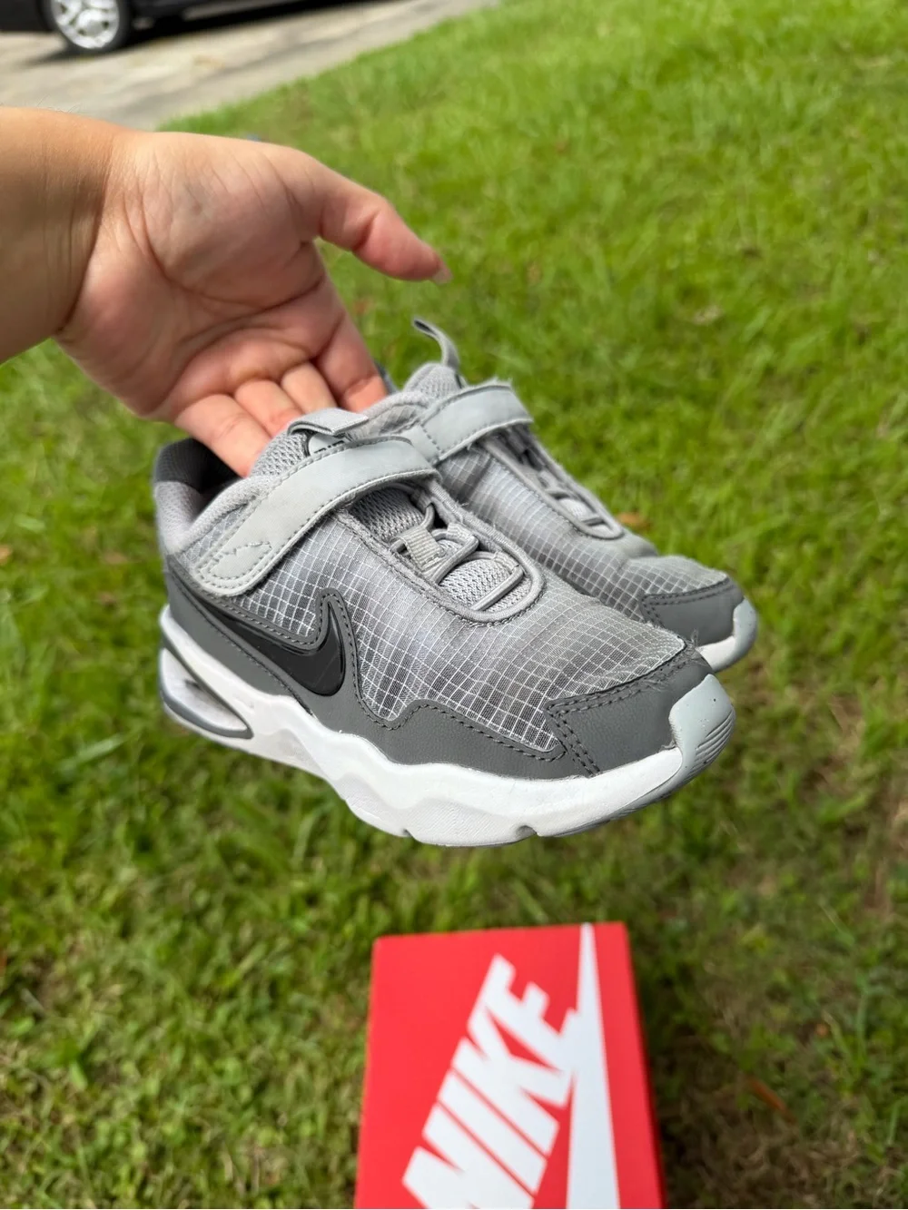 Nike Kids Grey Velcro Sneakers with Black Swoosh